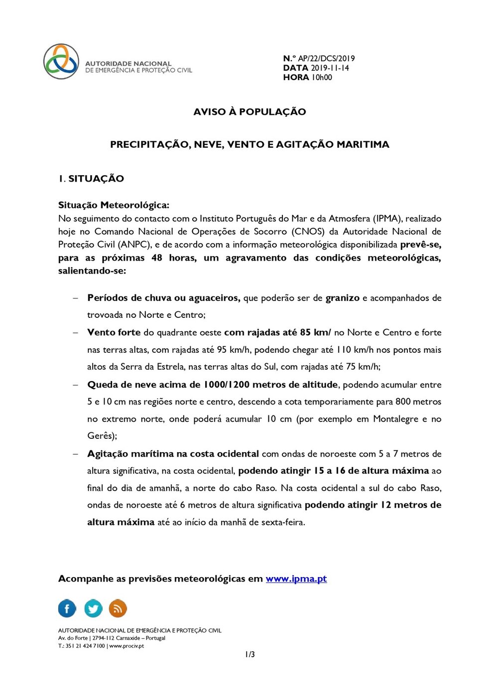 Aviso &agrave; Popula&ccedil;&atilde;o _ PRECIPITA&Ccedil;&Atilde;O, NEVE, VENTO E AGITA&Ccedil;&Atilde;O MARITIMA_page-0001